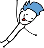 A cartoon character of a person dangling down with their tongue sticking out reaching for the text next to them.
