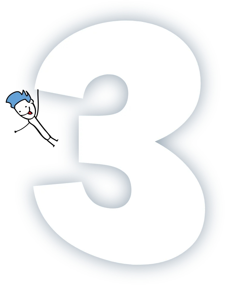 3D abstract character standing next to the number 3