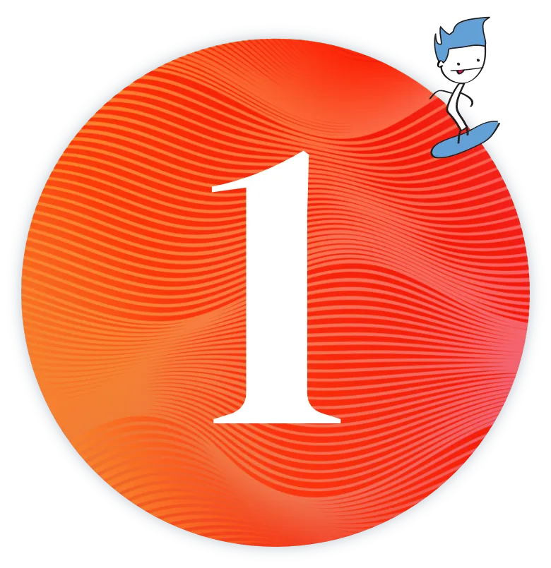 Roundel with number 1 inside it and a character surfing on the edge of the roundel