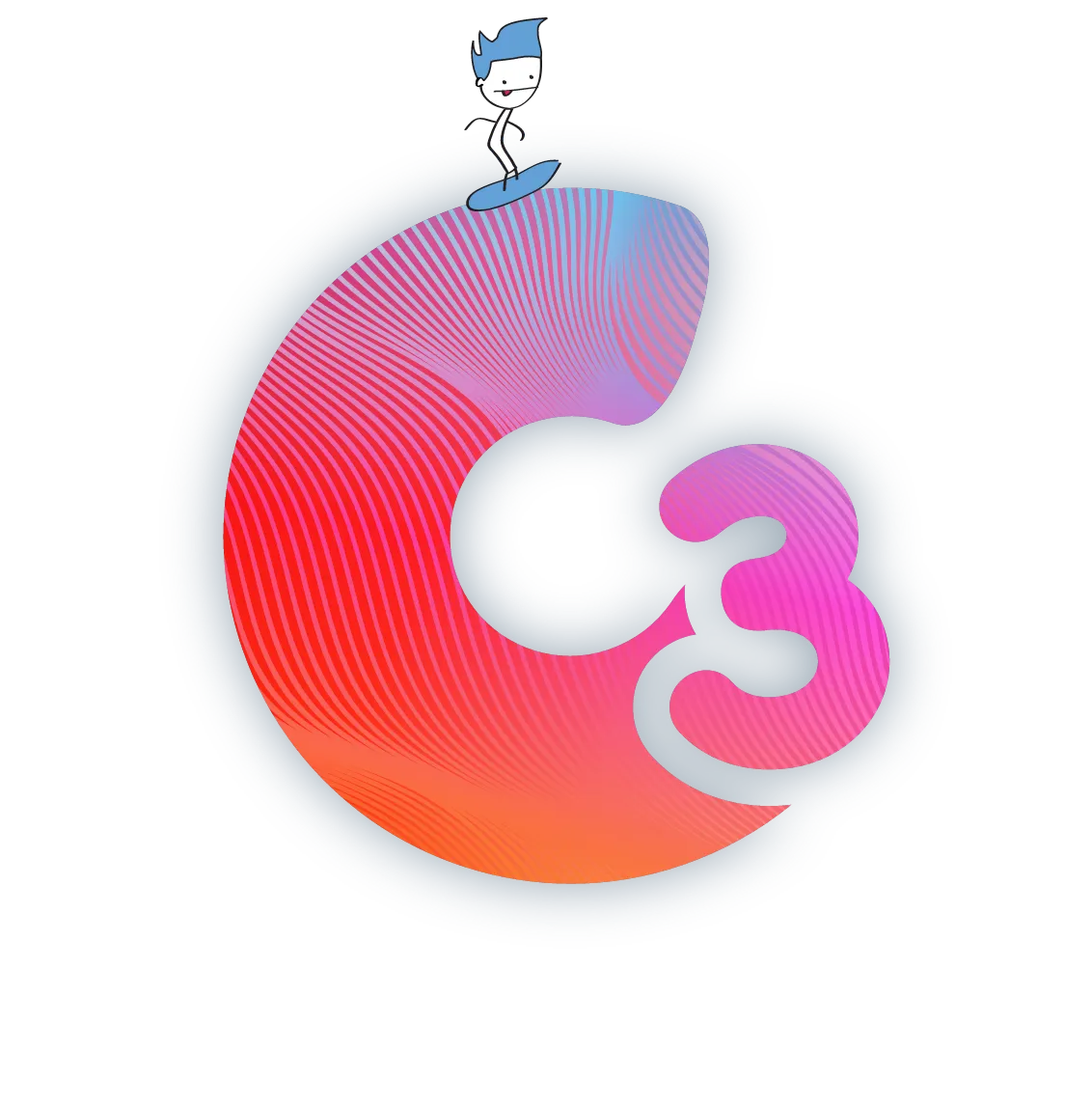 The Curve3 logo with a character surfing down the curve of it.